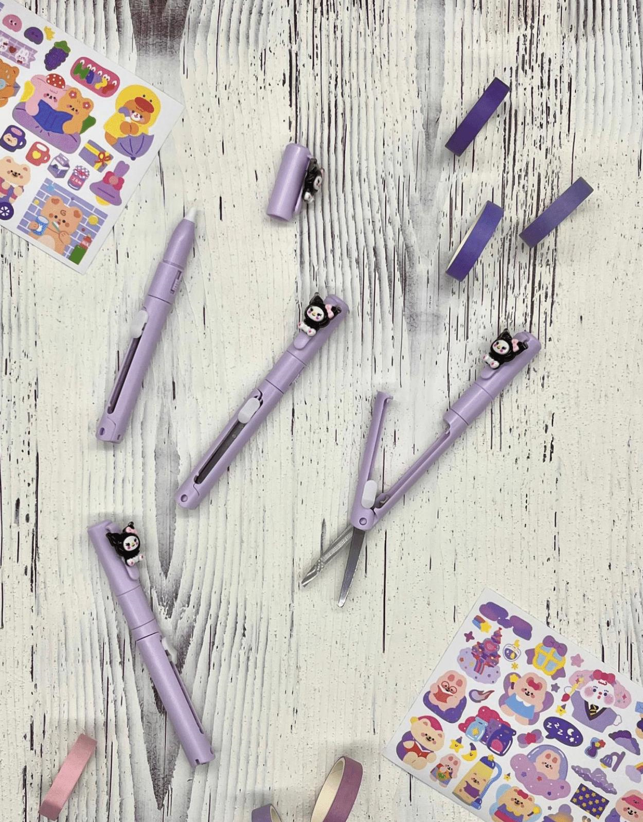 Sanrio Kuromi Karakterli Kalem Görünümlü Çift Uç Tasarım Makas ve Maket Bıçağı