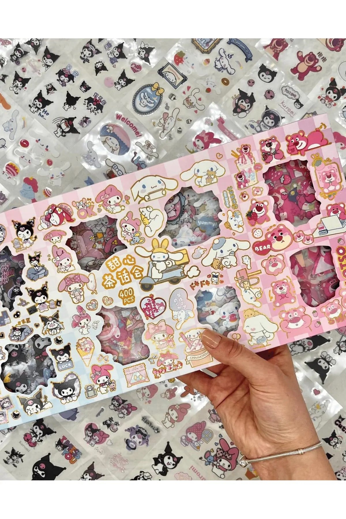 Sanrio Kuromi My Melody Cinnamoroll Cute Bear Desenli 8 Bölümlü 400 Yaprak Şeffaf Pet  Sticker Seti