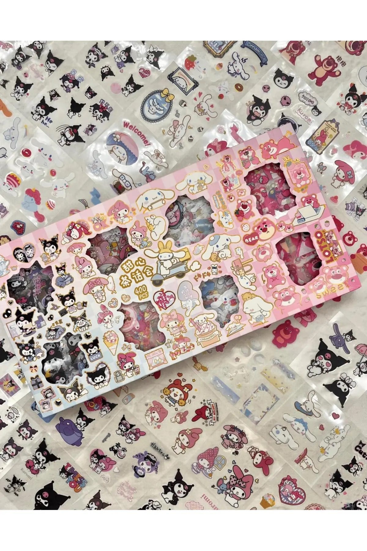 Sanrio Kuromi My Melody Cinnamoroll Cute Bear Desenli 8 Bölümlü 400 Yaprak Şeffaf Pet  Sticker Seti