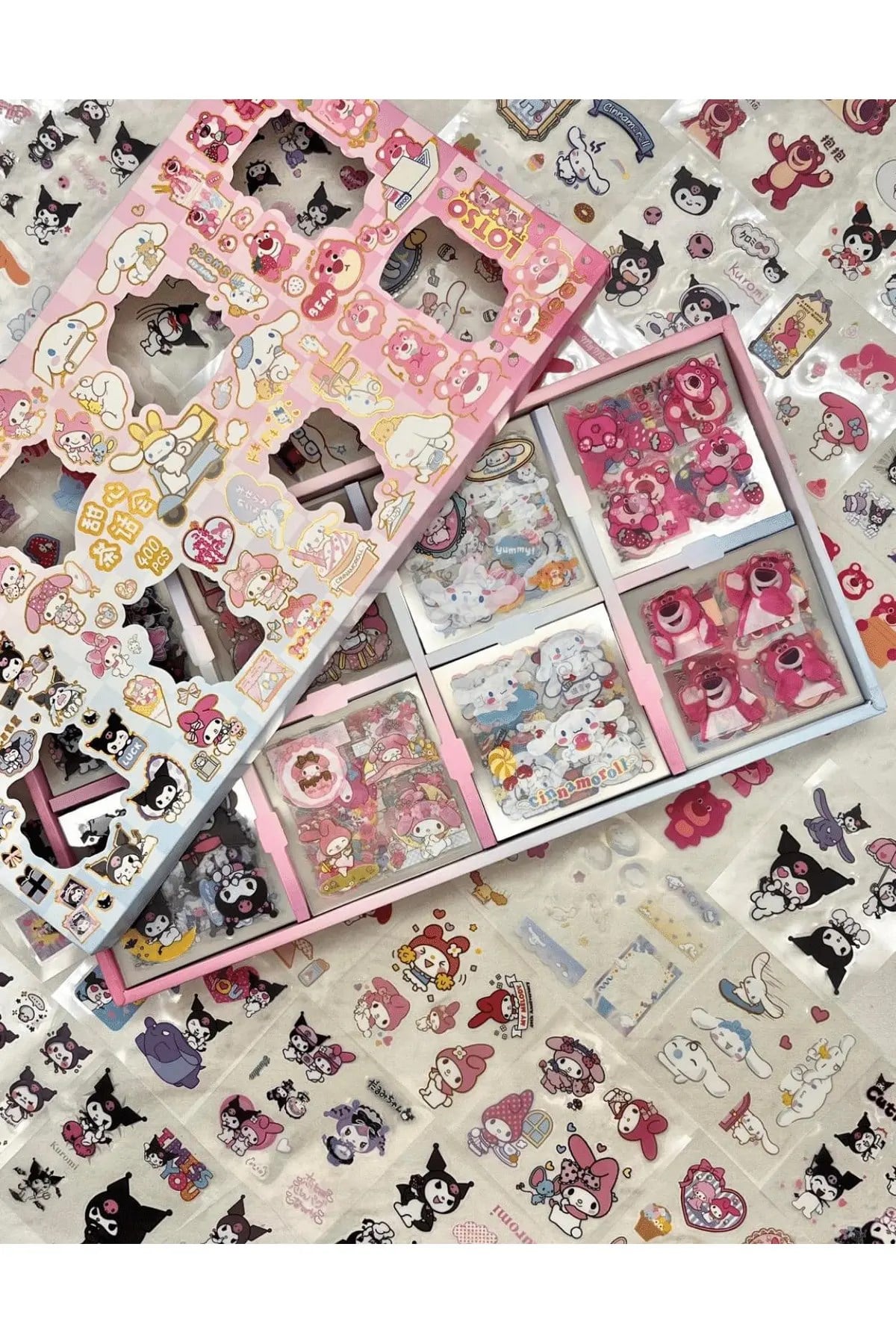 Sanrio Kuromi My Melody Cinnamoroll Cute Bear Desenli 8 Bölümlü 400 Yaprak Şeffaf Pet  Sticker Seti
