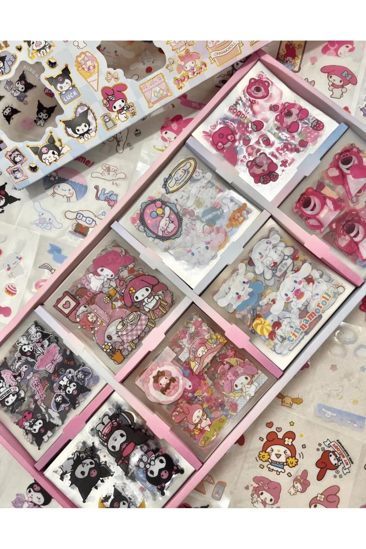 Sanrio Kuromi My Melody Cinnamoroll Cute Bear Desenli 8 Bölümlü 400 Yaprak Şeffaf Pet  Sticker Seti