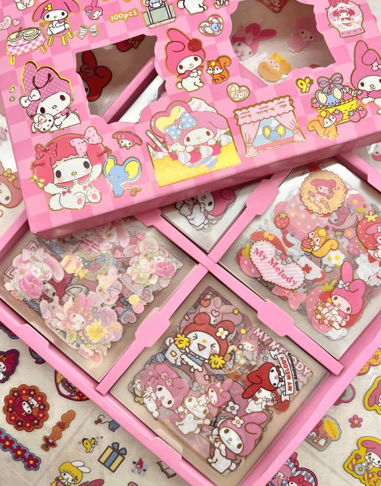 Sanrio My Melody Karakterli  4 Bölümlü 100 Yaprak 500 Adet Pembe Kutu Şeffaf Pet Sticker Seti /Etiket/Çıkartma/ Bullet Journal