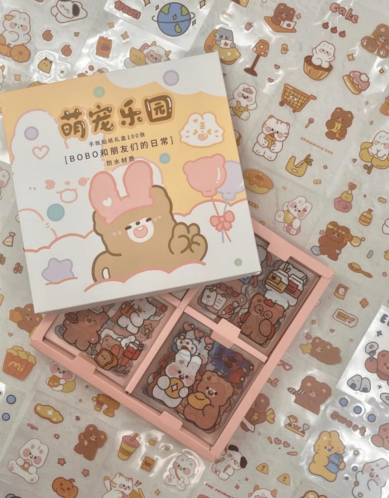 Sevimli Ayıcık 4 Bölümlü 100 Yaprak 500 Adet Kahverengi Kutu Sticker Seti / Etiket / Çıkartma/ Bullet Journal / Scrapbook