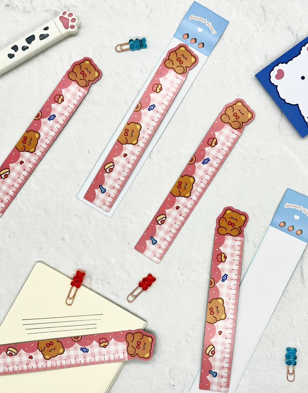 Sevimli Ayıcık ve Cupcake Desenli Pembe Mıknatıslı Kitap Ayracı ve Cetvel / Yer İmi