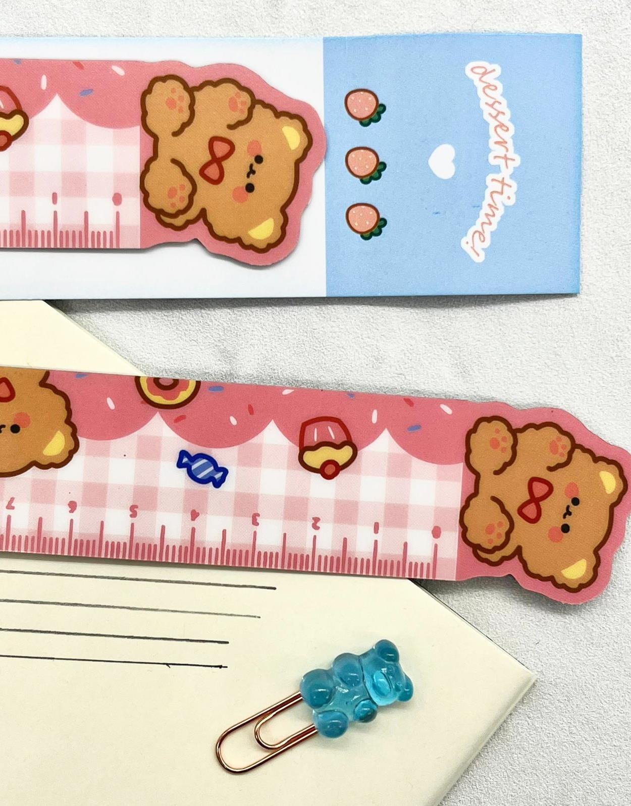 Sevimli Ayıcık ve Cupcake Desenli Pembe Mıknatıslı Kitap Ayracı ve Cetvel / Yer İmi