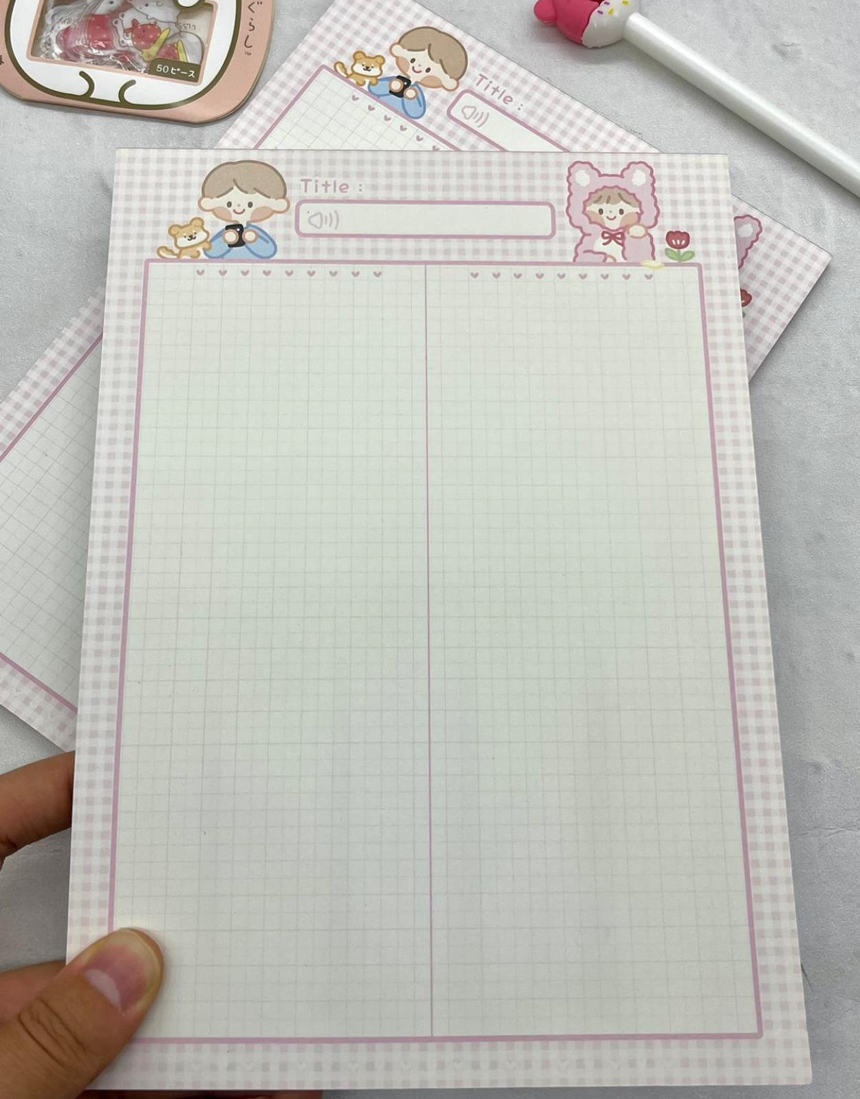 Sevimli Çocuklar Pembe Kareli B5 Not Defteri / Scrapbook / Planlayıcı / Notebook / Bullet Journal
