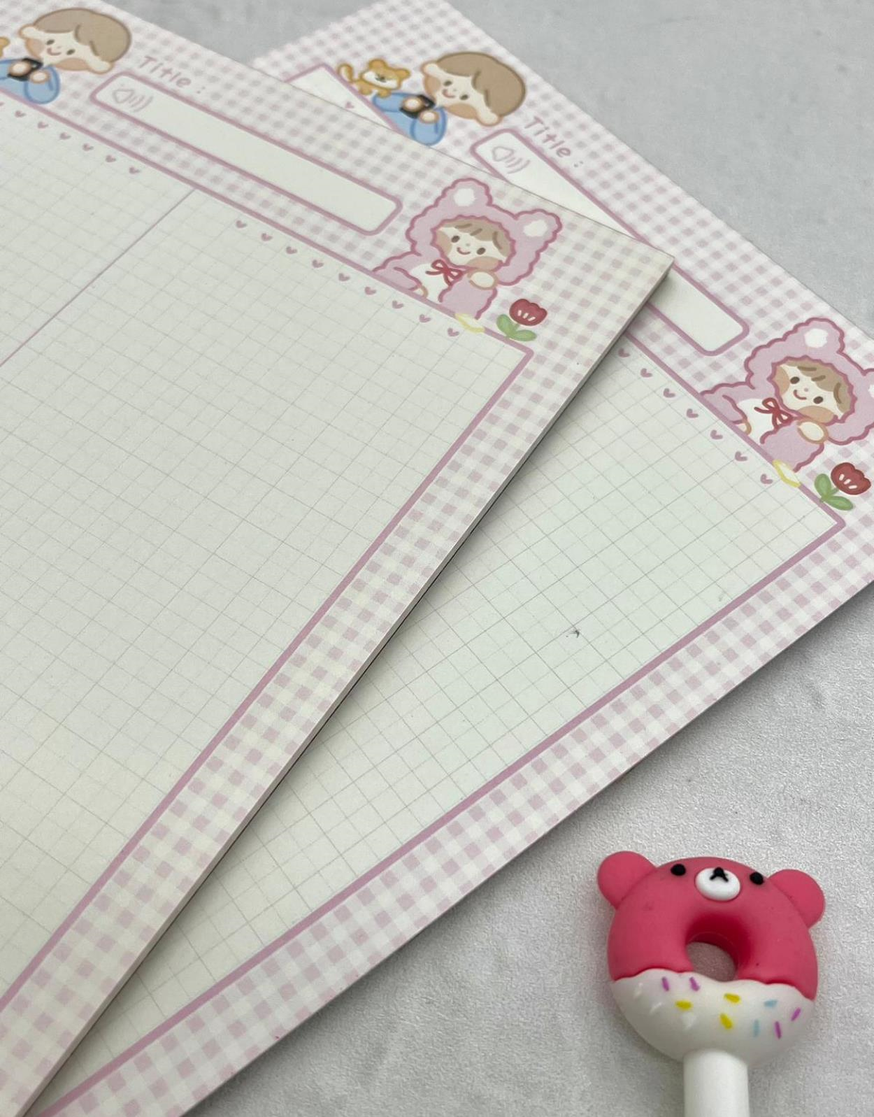 Sevimli Çocuklar Pembe Kareli B5 Not Defteri / Scrapbook / Planlayıcı / Notebook / Bullet Journal
