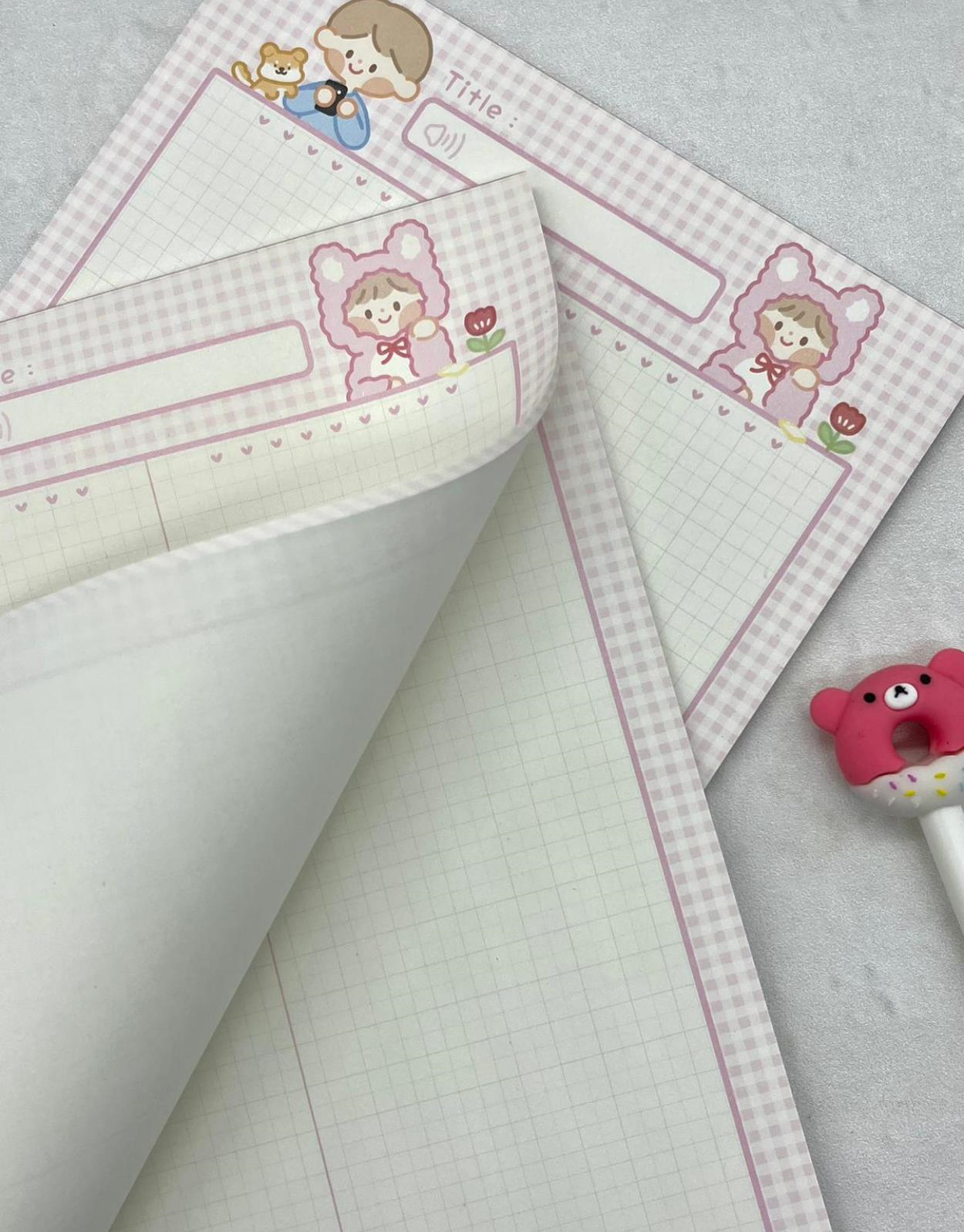 Sevimli Çocuklar Pembe Kareli B5 Not Defteri / Scrapbook / Planlayıcı / Notebook / Bullet Journal