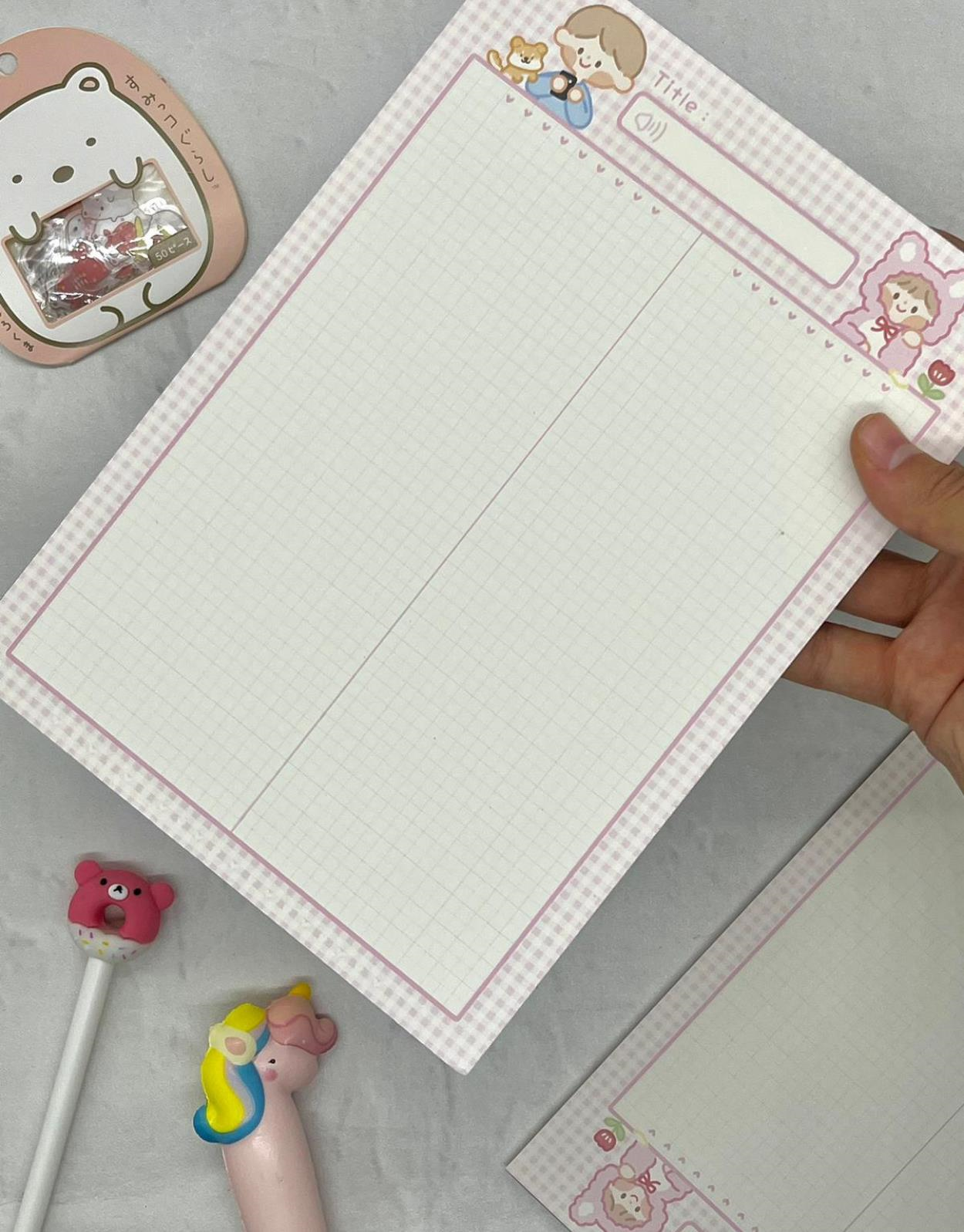Sevimli Çocuklar Pembe Kareli B5 Not Defteri / Scrapbook / Planlayıcı / Notebook / Bullet Journal
