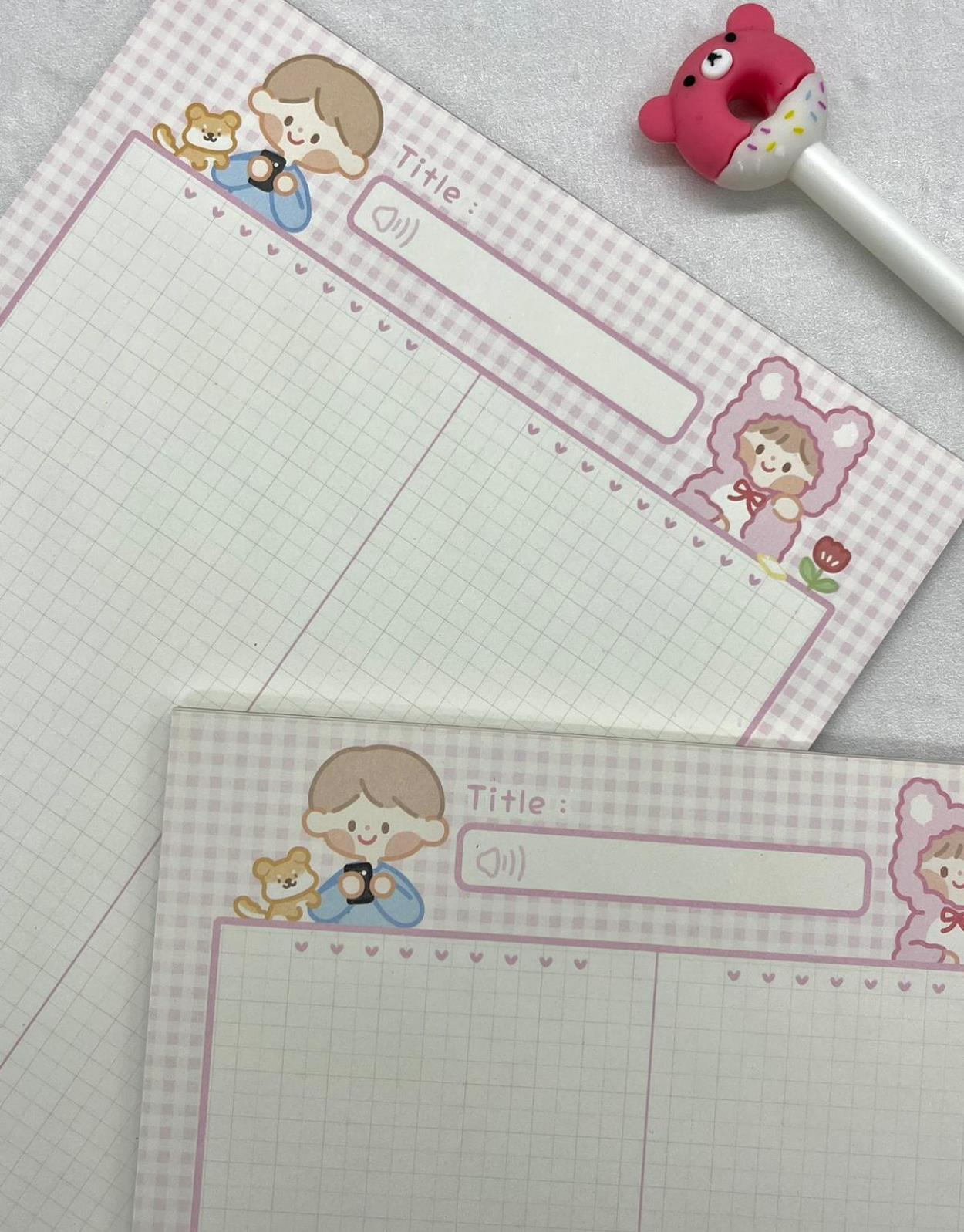 Sevimli Çocuklar Pembe Kareli B5 Not Defteri / Scrapbook / Planlayıcı / Notebook / Bullet Journal