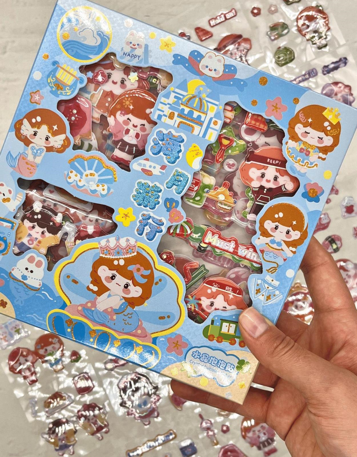 Sevimli Deniz Kızı 3 Bölümlü 18 Yaprak Mavi Kutu Kabartmalı Sticker Seti/Su Geçirmez/Bullet Journal