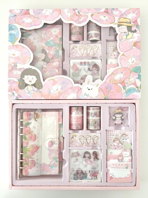Sevimli Dorothy ve Bahçesi Pembe Dopdolu Binder Defter Hediye Seti /Kutu Set/Notebook/Bullet Journal