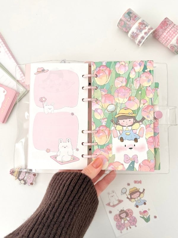 Sevimli Dorothy ve Bahçesi Pembe Dopdolu Binder Defter Hediye Seti /Kutu Set/Notebook/Bullet Journal