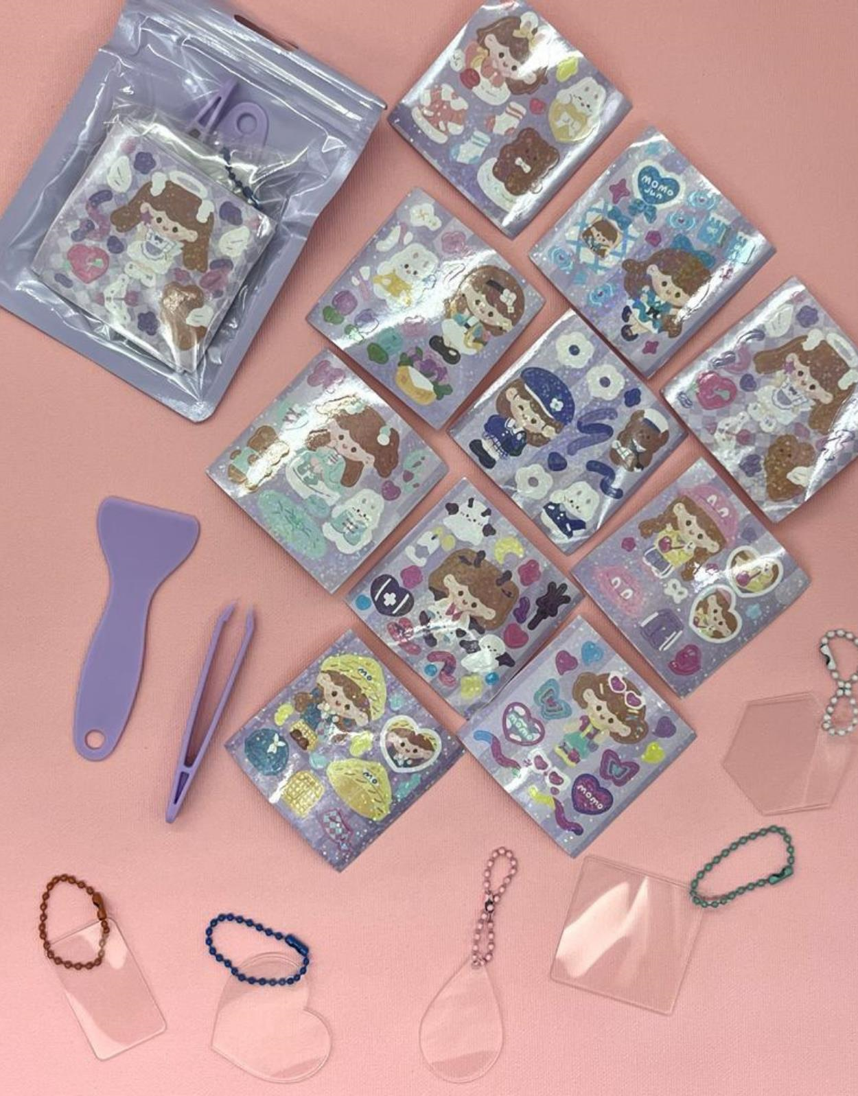 Sevimli Kız İle Kendi Anahtarlığını Tasarla 23 Parça Mor Sticker Seti / Anahtarlık / Bullet Journal