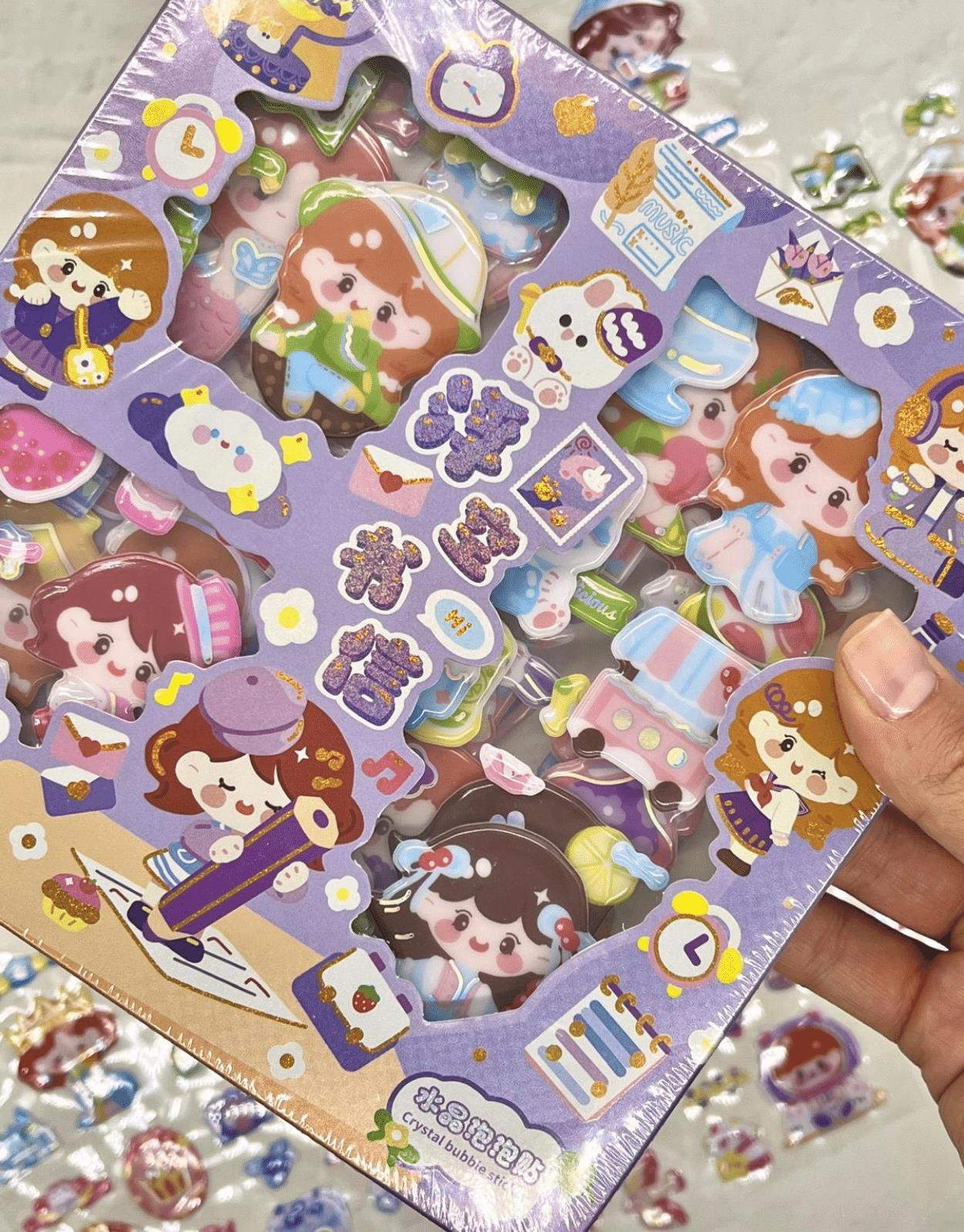 Sevimli Kız Okulda 3 Bölümlü 18 Yaprak Mor Kutu Kabartmalı Sticker Seti  Su Geçirmez/Bullet Journal