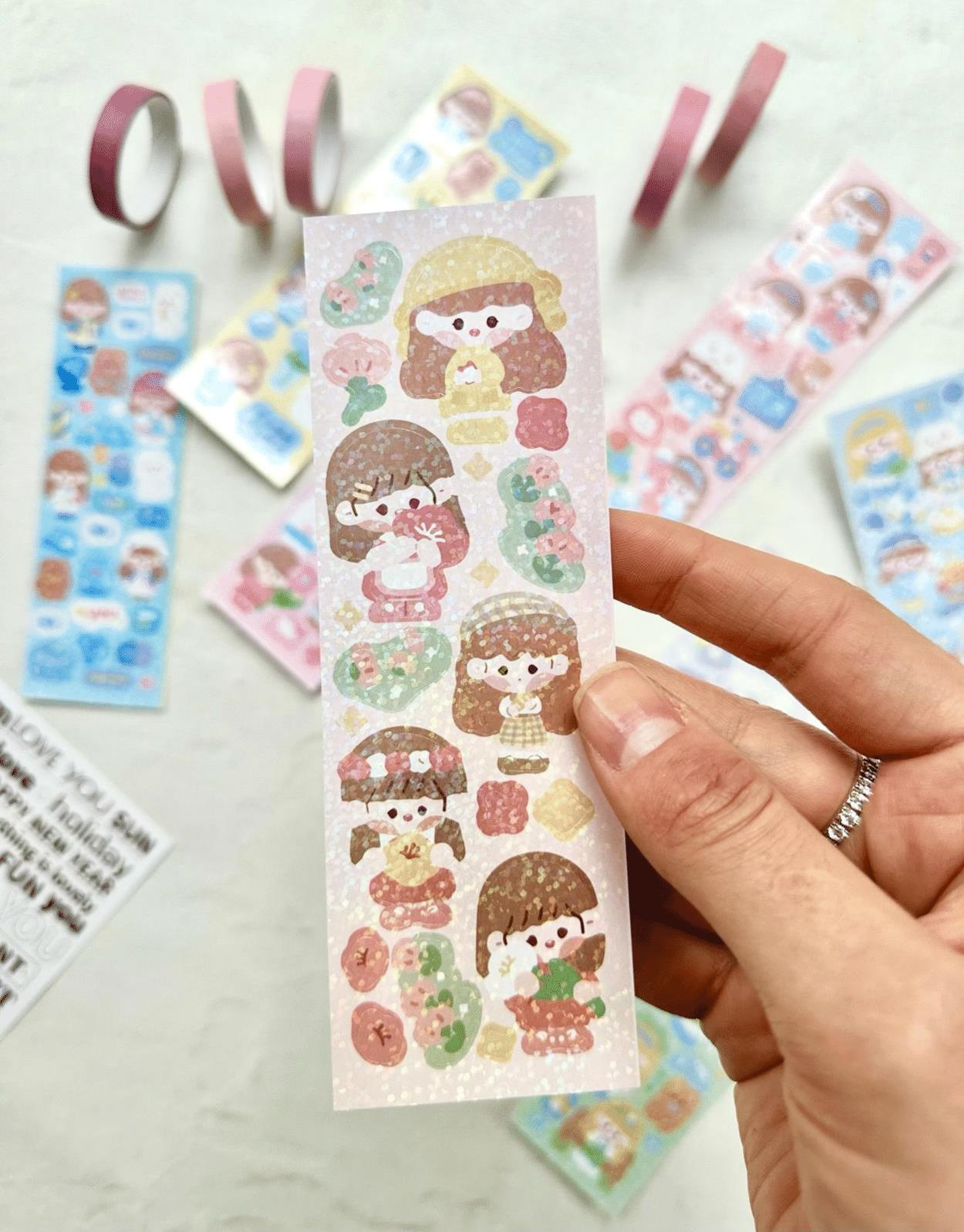 Sevimli Kız Pembe Renk 8 Yaprak Sticker  / Çıkartma/ Su Geçirmez/Bullet Journal