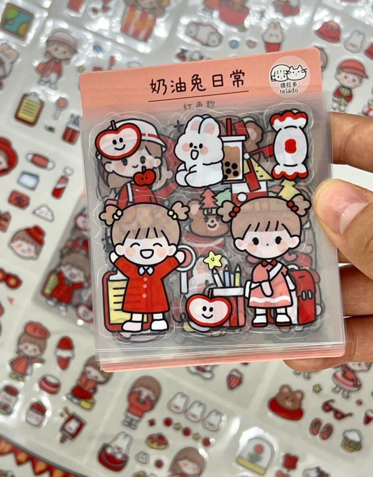 Sevimli Kız ve Arkadaşları Kırmızı Şeffaf Pet 20 Yaprak 160 Adet Sticker Set / Etiket/Çıkartma / Bullet Journal
