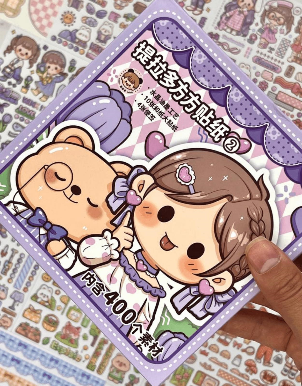 Sevimli Kız ve Ayı Mor Kutu 12 Yaprak Sticker + 4 Yaprak Desenli Kağıt / Çıkartma / Bullet Journal