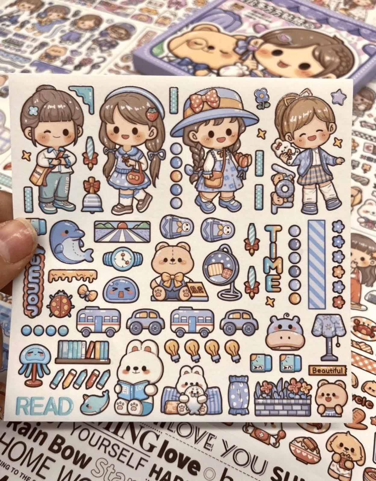 Sevimli Kız ve Ayı Mor Kutu 12 Yaprak Sticker + 4 Yaprak Desenli Kağıt / Çıkartma / Bullet Journal