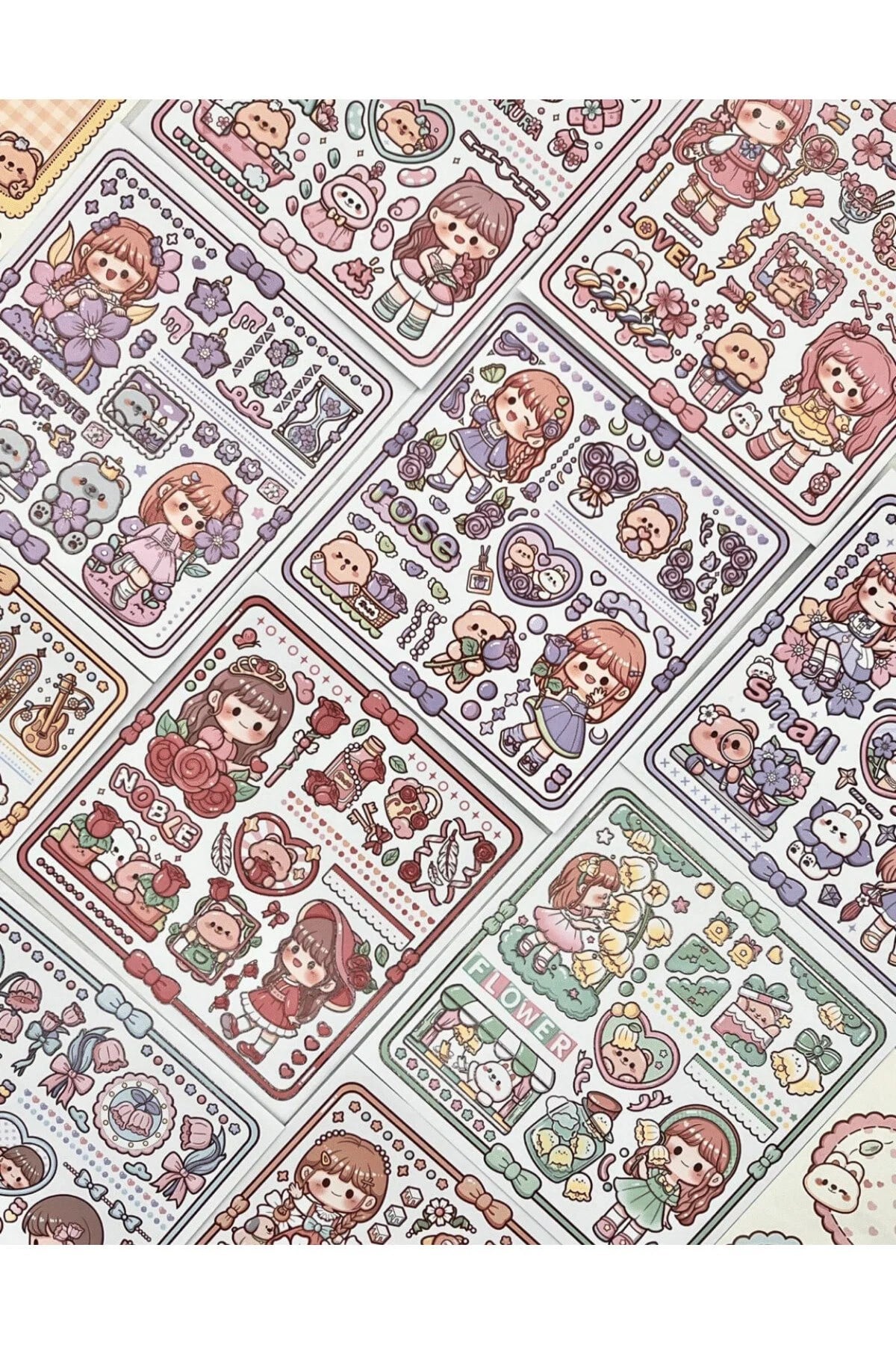 Sevimli Kız ve Ayı Pembe Kutu 12 Yaprak Sticker + 2 Yaprak Desenli Kağıt / Çıkartma / Bullet Journal