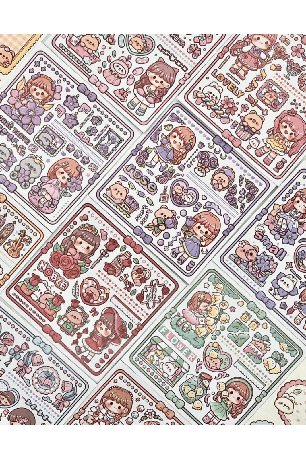 Sevimli Kız ve Ayı Pembe Kutu 12 Yaprak Sticker + 2 Yaprak Desenli Kağıt / Çıkartma / Bullet Journal