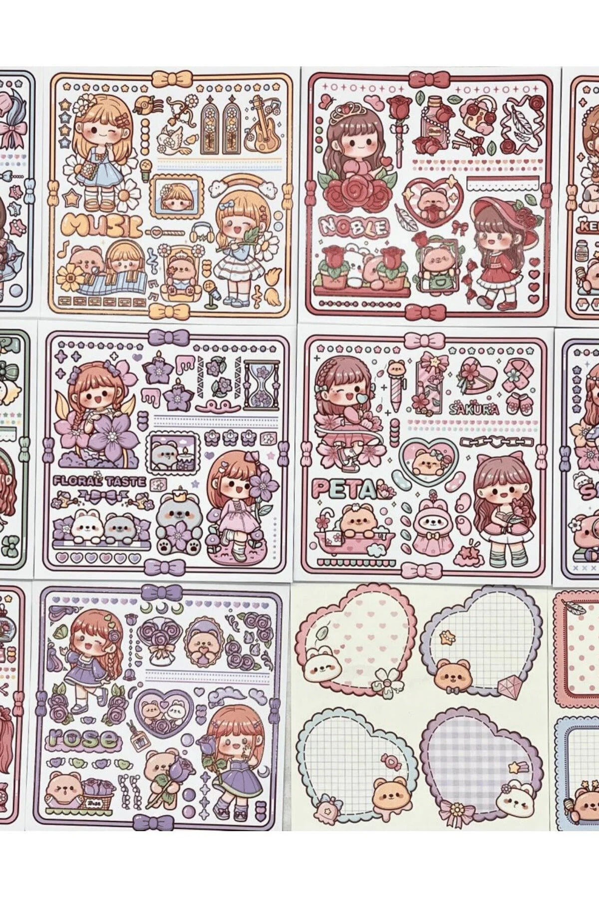 Sevimli Kız ve Ayı Pembe Kutu 12 Yaprak Sticker + 2 Yaprak Desenli Kağıt / Çıkartma / Bullet Journal