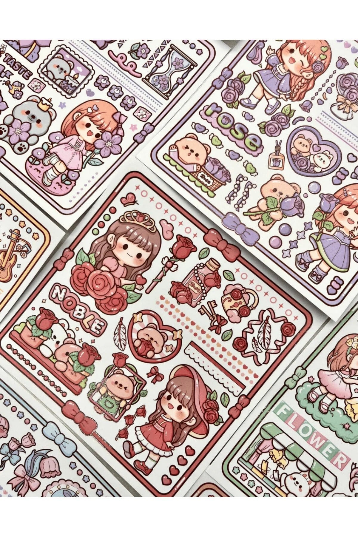 Sevimli Kız ve Ayı Pembe Kutu 12 Yaprak Sticker + 2 Yaprak Desenli Kağıt / Çıkartma / Bullet Journal