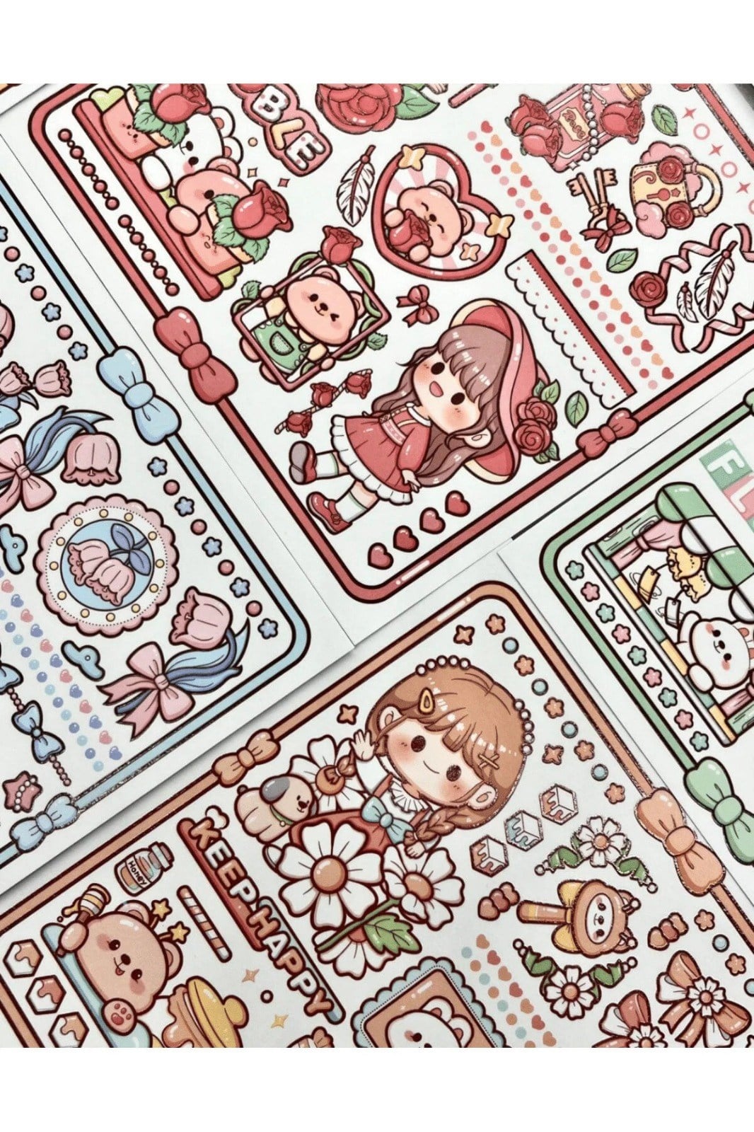 Sevimli Kız ve Ayı Pembe Kutu 12 Yaprak Sticker + 2 Yaprak Desenli Kağıt / Çıkartma / Bullet Journal