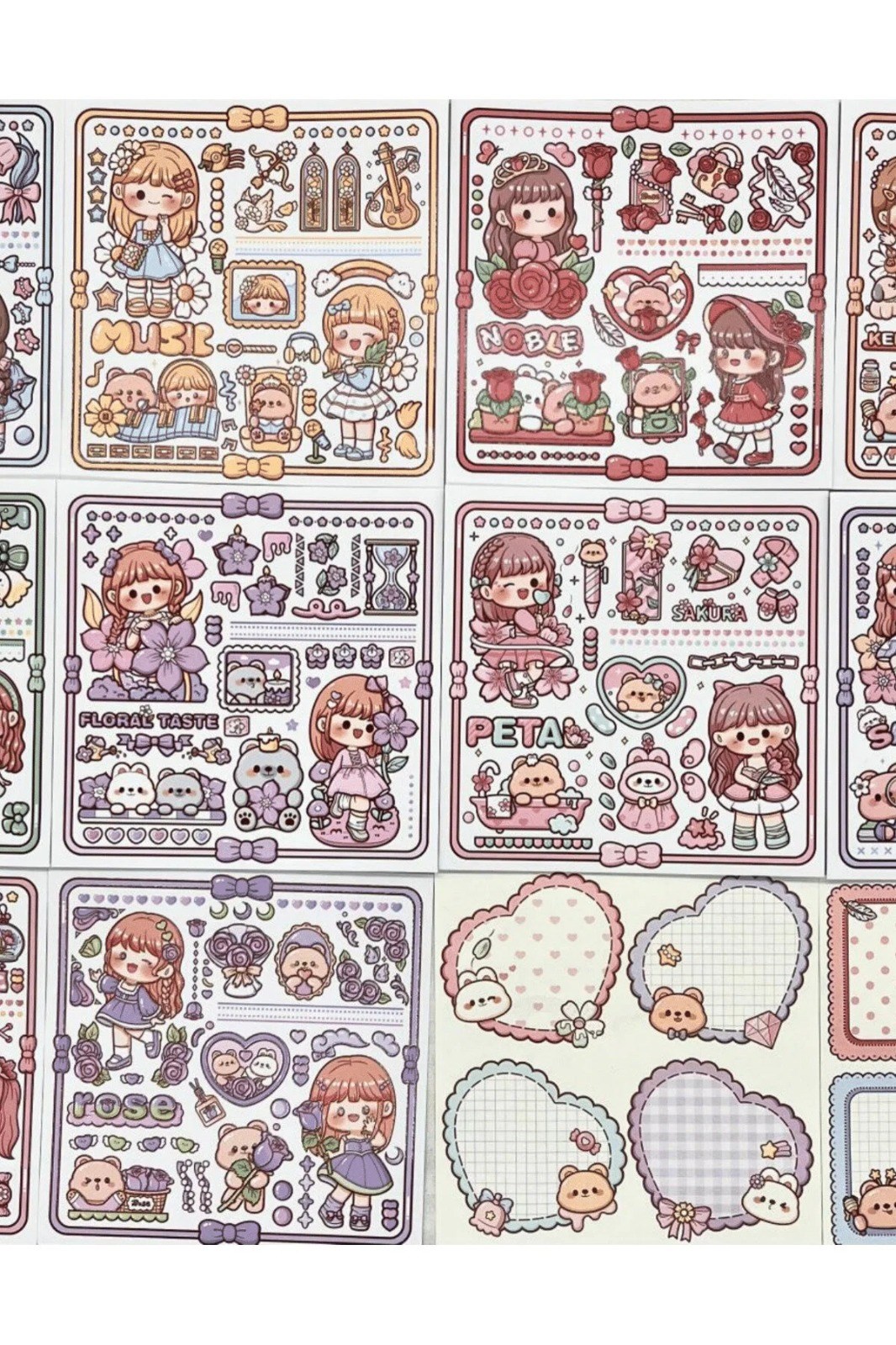 Sevimli Kız ve Ayı Pembe Kutu 12 Yaprak Sticker + 2 Yaprak Desenli Kağıt / Çıkartma / Bullet Journal