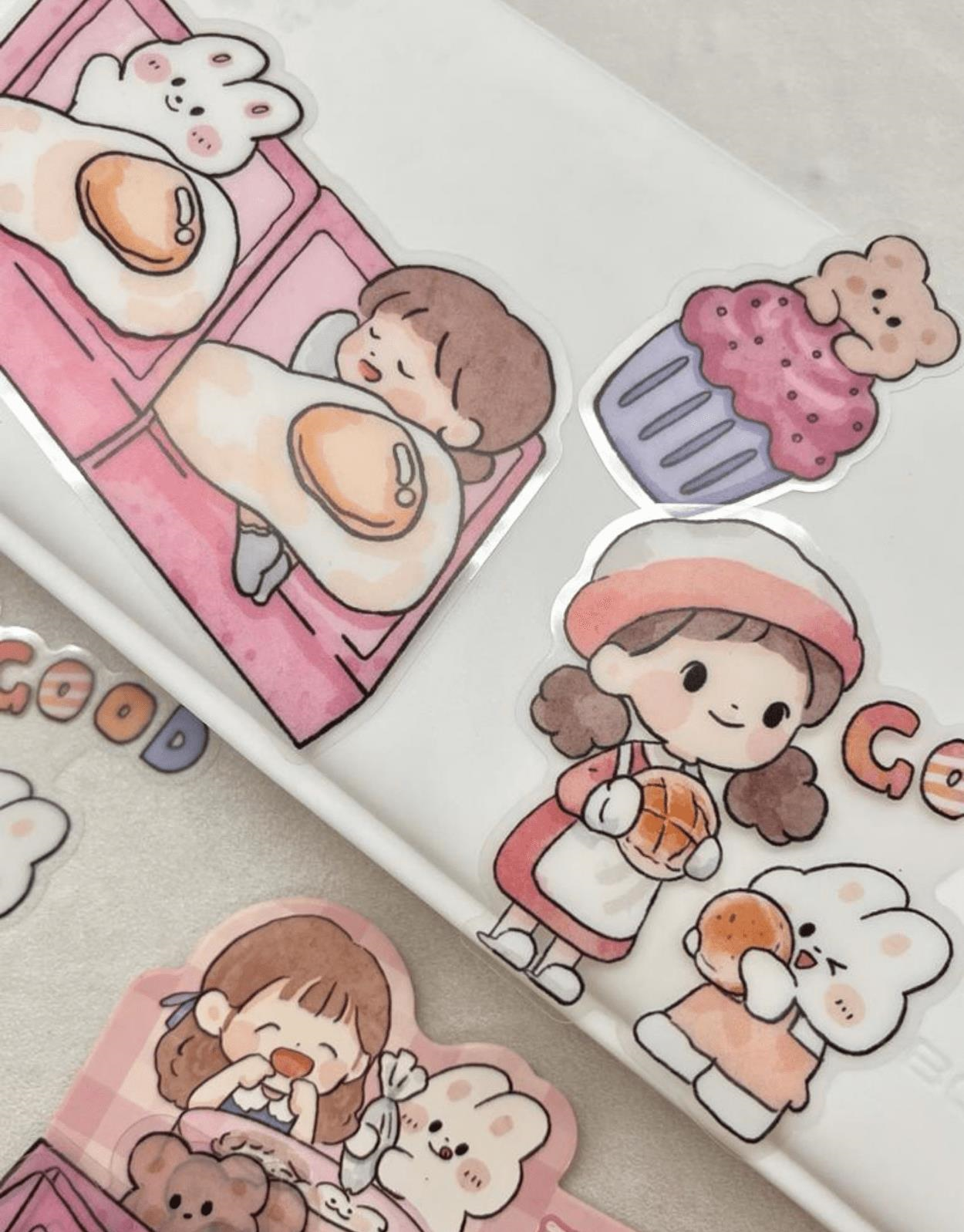 Sevimli Kız ve Sevimli Dostları Büyük Boy 27 Adet Şeffaf Pembe Paket Pet Sticker / Çıkartma
