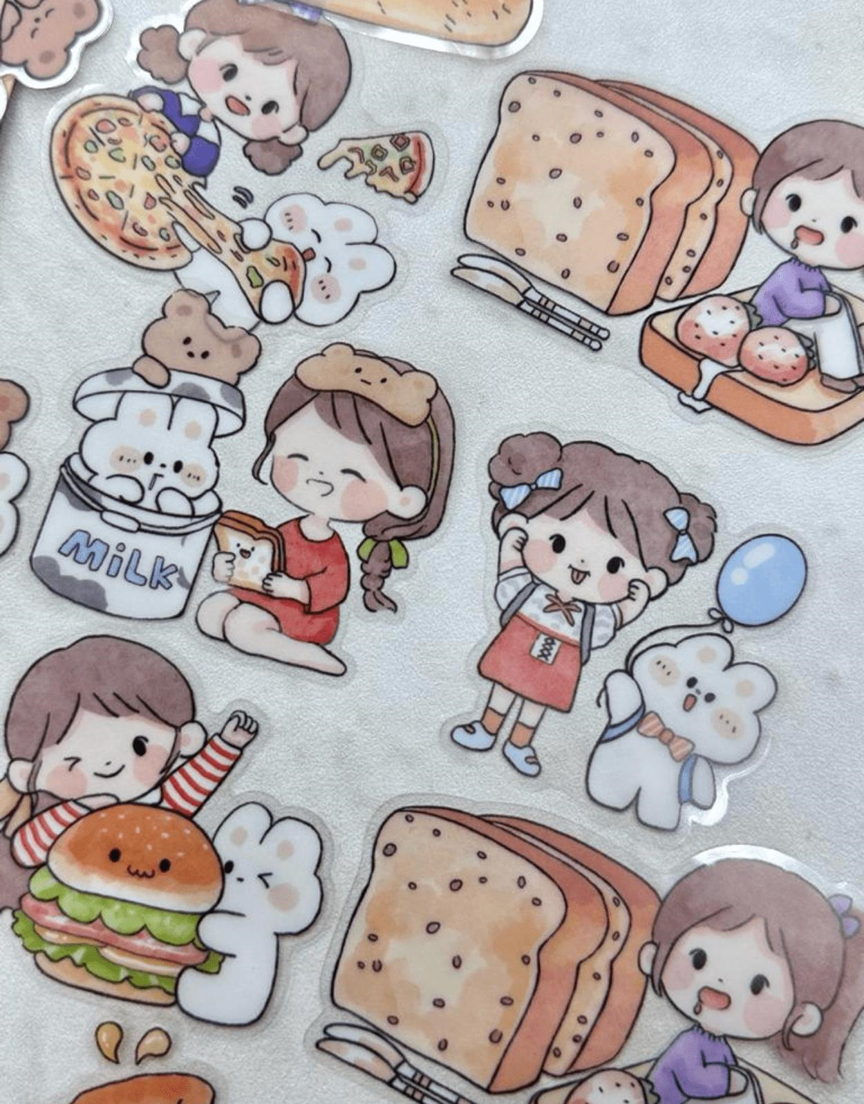 Sevimli Kız ve Sevimli Dostları Büyük Boy 27 Adet Şeffaf Sarı Paket Pet Sticker / Çıkartma