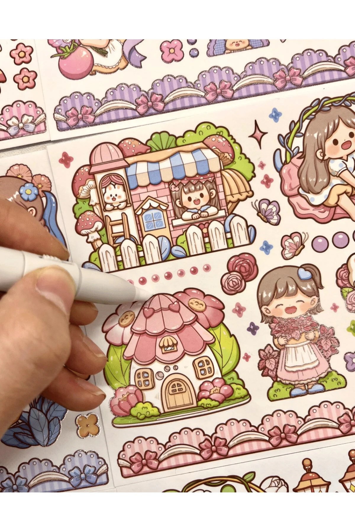 Sevimli Kız ve Tavşan Mavi Kutu 12 Yaprak Stıcker + 2 Yaprak Desenli Kağıt /Çıkartma/Bullet Journal