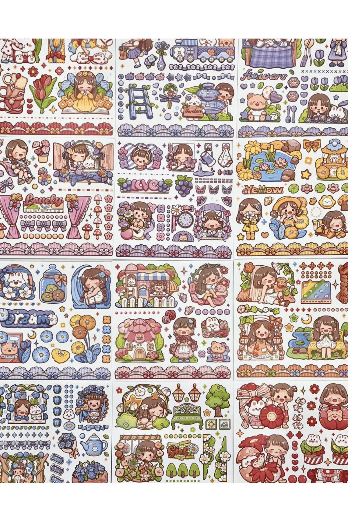 Sevimli Kız ve Tavşan Mavi Kutu 12 Yaprak Stıcker + 2 Yaprak Desenli Kağıt /Çıkartma/Bullet Journal