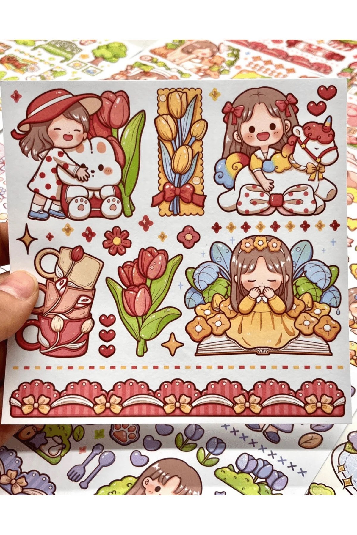 Sevimli Kız ve Tavşan Mavi Kutu 12 Yaprak Stıcker + 2 Yaprak Desenli Kağıt /Çıkartma/Bullet Journal