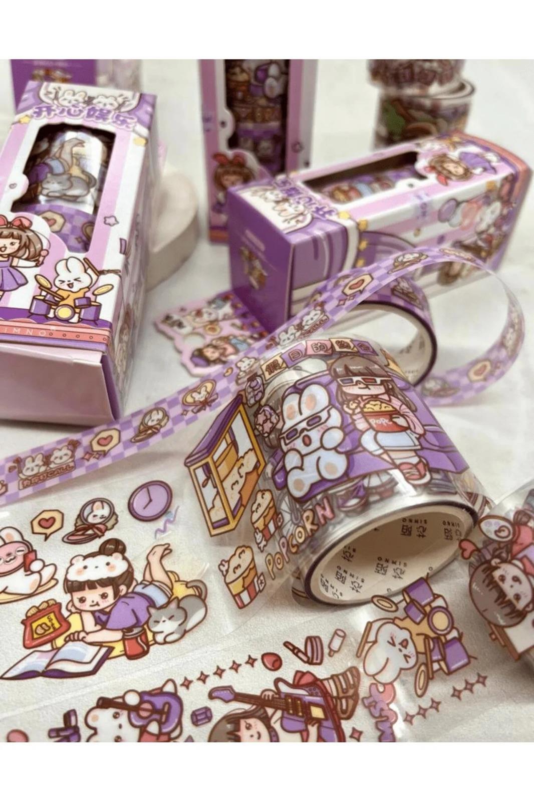 Sevimli Kız ve Tavşan Mor 3'lü  Washi Bant Seti / Washi Tape / Bullet Journal / Scrapbook