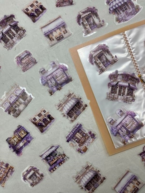 Small Street Building Ev Temalı Mor 40 Adet Pet Sticker Set/ Çıkartma/Etiket/Bullet Journal