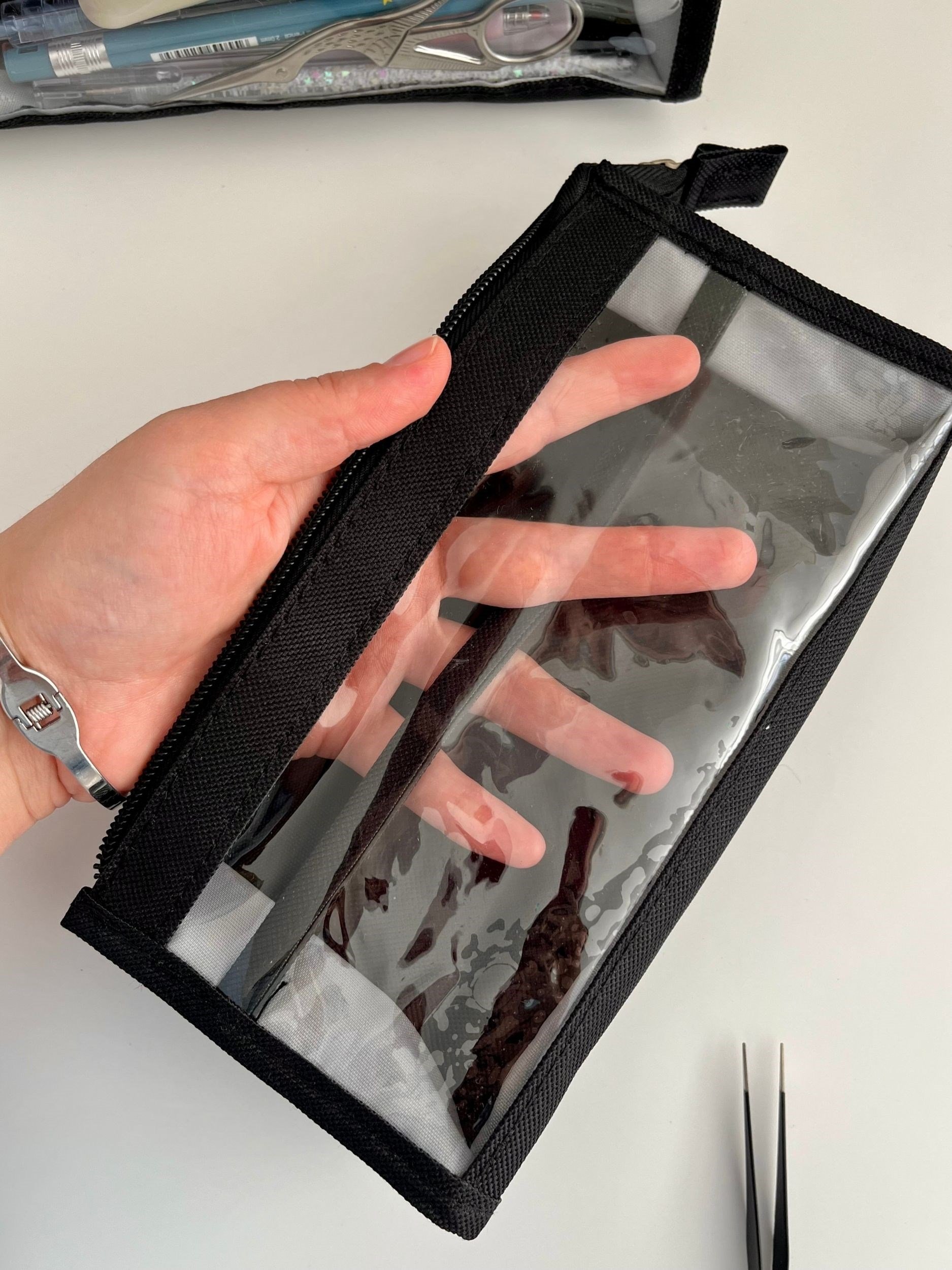 Smart Organizer Çift Fermuarlı 6 Bölmeli Şeffaf Siyah Organizer Kalem Kutusu