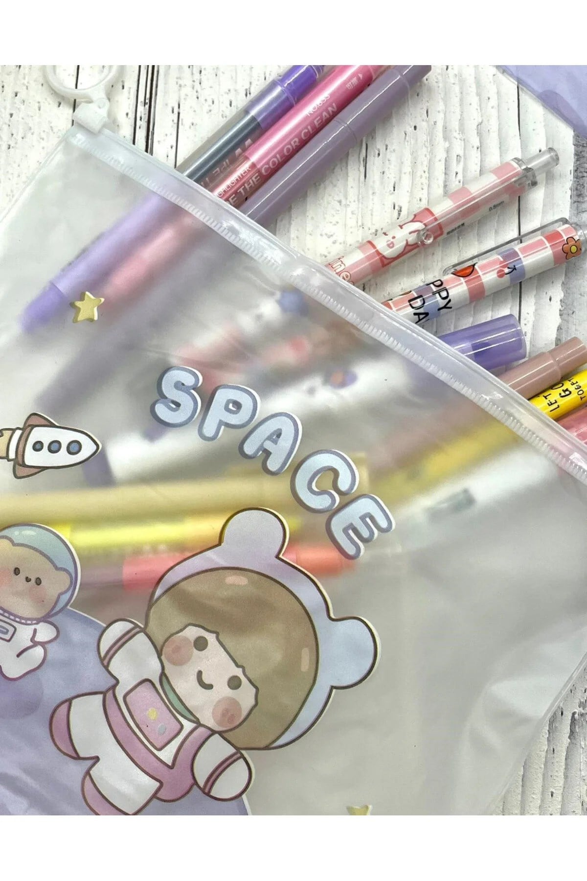 Space Astronot Kız ile Ayıcık Şeffaf ve Fermuarlı Kilitli Çanta / Toparlayıcı / Kalem Kutu