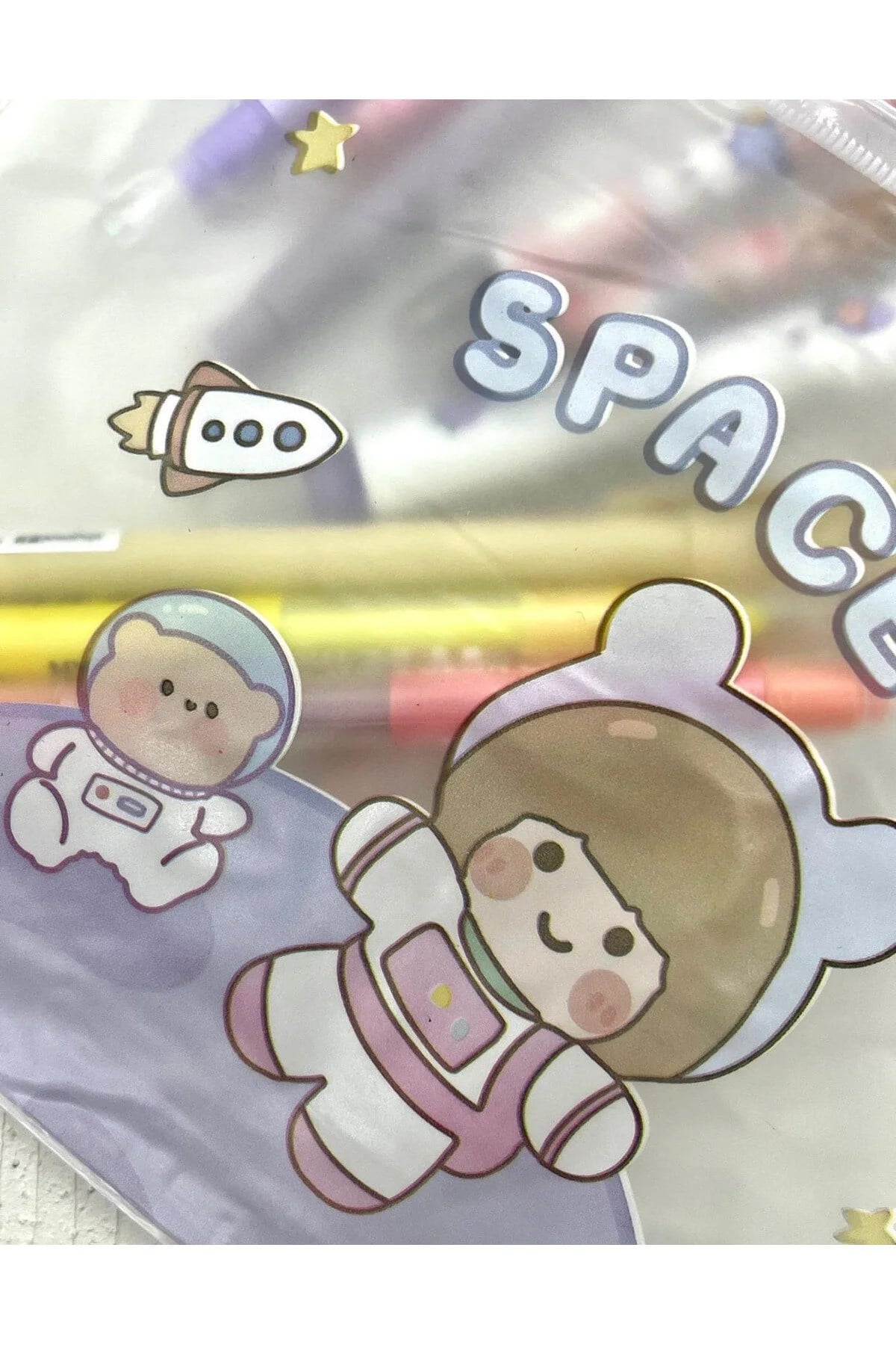 Space Astronot Kız ile Ayıcık Şeffaf ve Fermuarlı Kilitli Çanta / Toparlayıcı / Kalem Kutu