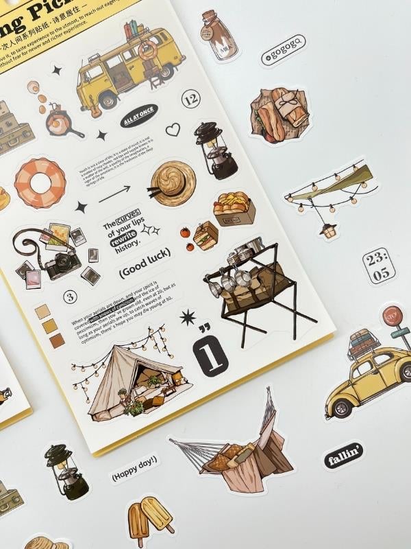 Spring Picnic Retro Kamp Ve Piknik Temalı 2 Yaprak 45 Adet Sticker Seti/Etiket/Çıkartma