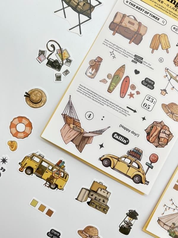Spring Picnic Retro Kamp Ve Piknik Temalı 2 Yaprak 45 Adet Sticker Seti/Etiket/Çıkartma