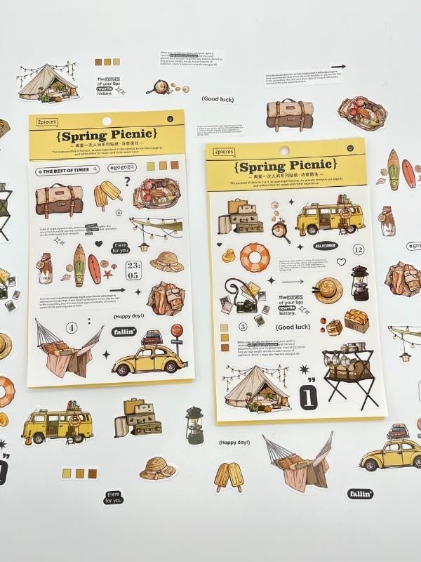Spring Picnic Retro Kamp Ve Piknik Temalı 2 Yaprak 45 Adet Sticker Seti/Etiket/Çıkartma