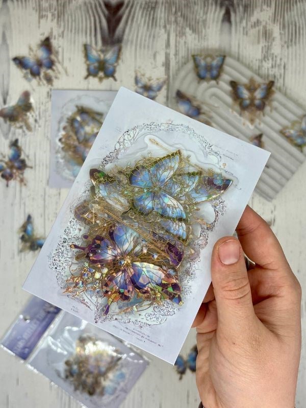 Star Reflect The Moon Işıl Işıl Mavi Kelebekler 20 Adet Şeffaf Pet Sticker Set/Etiket/Çıkartma/Su Geçirmez/Altın Yaldızlı/Bullet Journal 