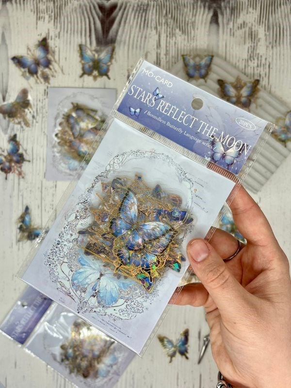 Star Reflect The Moon Işıl Işıl Mavi Kelebekler 20 Adet Şeffaf Pet Sticker Set/Etiket/Çıkartma/Su Geçirmez/Altın Yaldızlı/Bullet Journal 