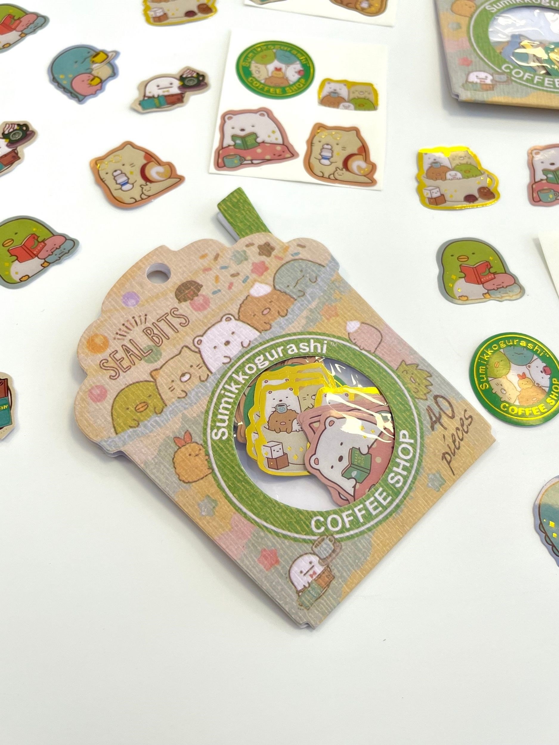 Sumikko Gurashi Coffee Shop Kahverengi Paket Altın Yaldızlı 40Adet Mini Sticker Seti/Etiket/Çıkartma