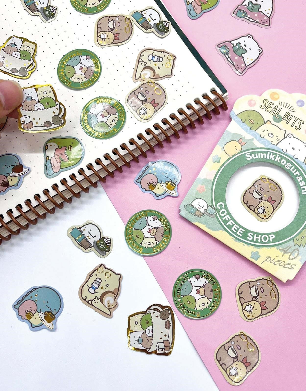 Sumikko Gurashi Coffee Shop Kahverengi Paket Altın Yaldızlı 40Adet Mini Sticker Seti/Etiket/Çıkartma