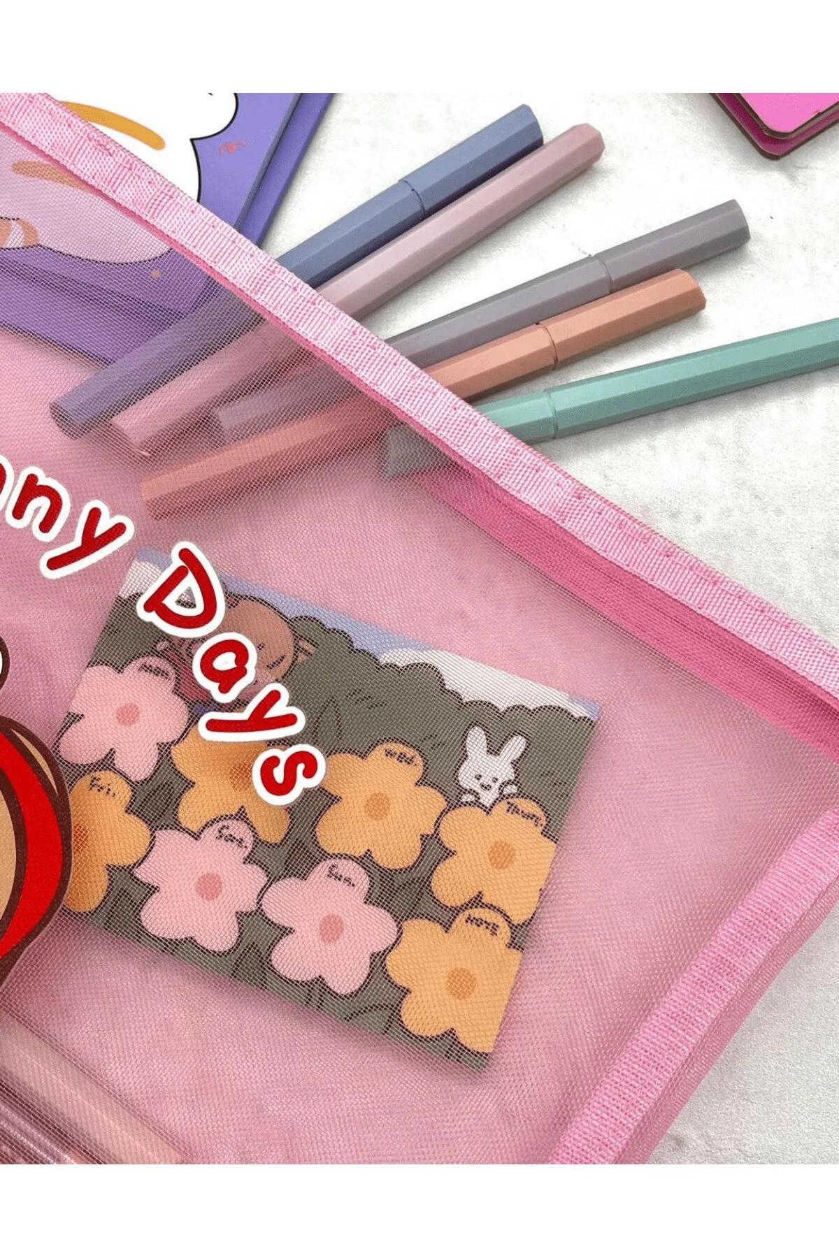 Sunny Days Pembe A4 Şeffaf File Çanta / Kalem Kutu / Toparlayıcı