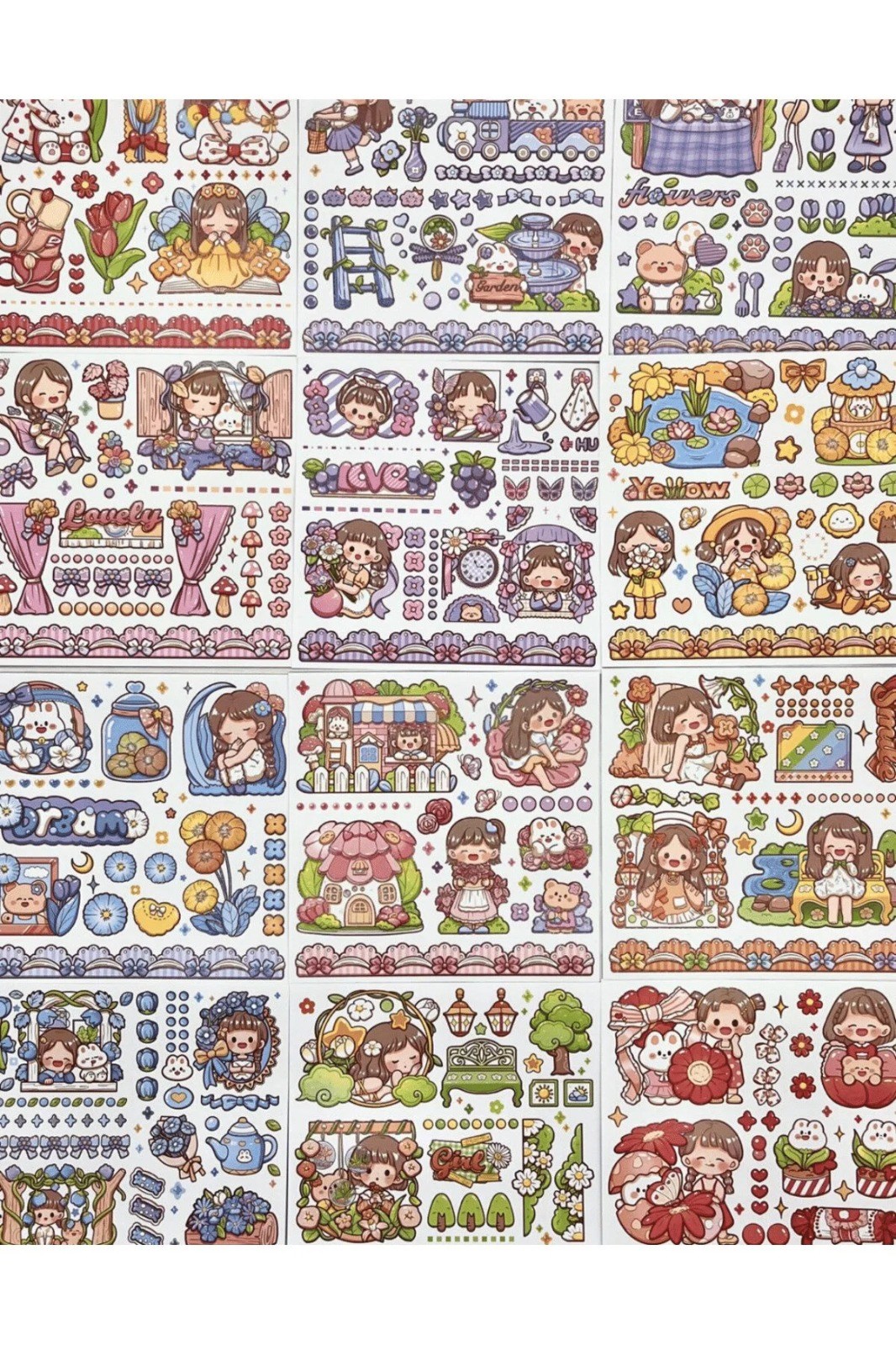 Tatlı Kız ve Tavşan Mavi Kutu 12 Yaprak Sticker 2 Yaprak Desenli Kağıt Çıkartma Etiket