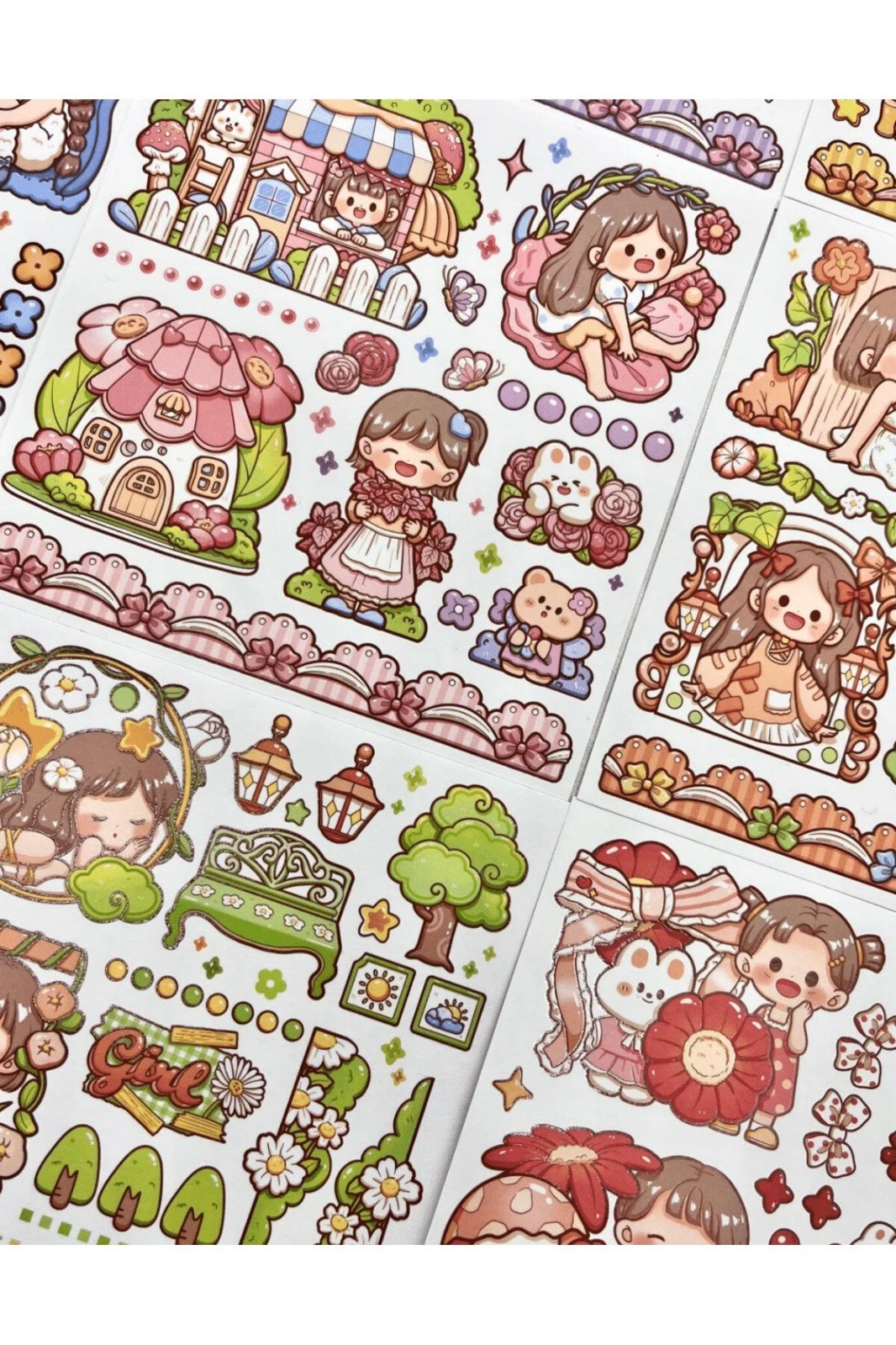 Tatlı Kız ve Tavşan Mavi Kutu 12 Yaprak Sticker 2 Yaprak Desenli Kağıt Çıkartma Etiket