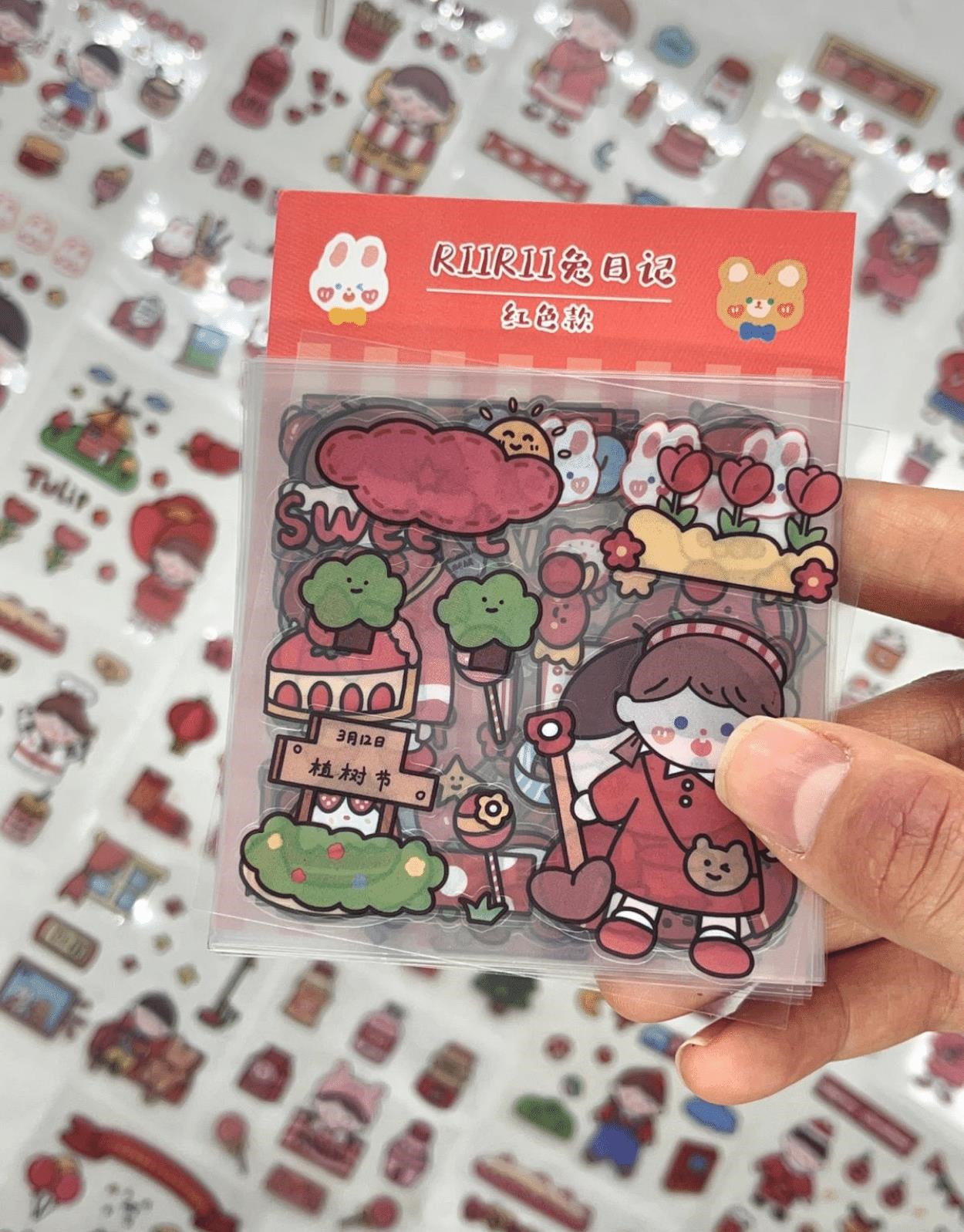 Tavşancık ve Çiçekler Kırmızı Şeffaf Pet 20 Yaprak 160 Adet Sticker Set/Su Geçirmez/Bullet Journal/Etiket/Çıkartma